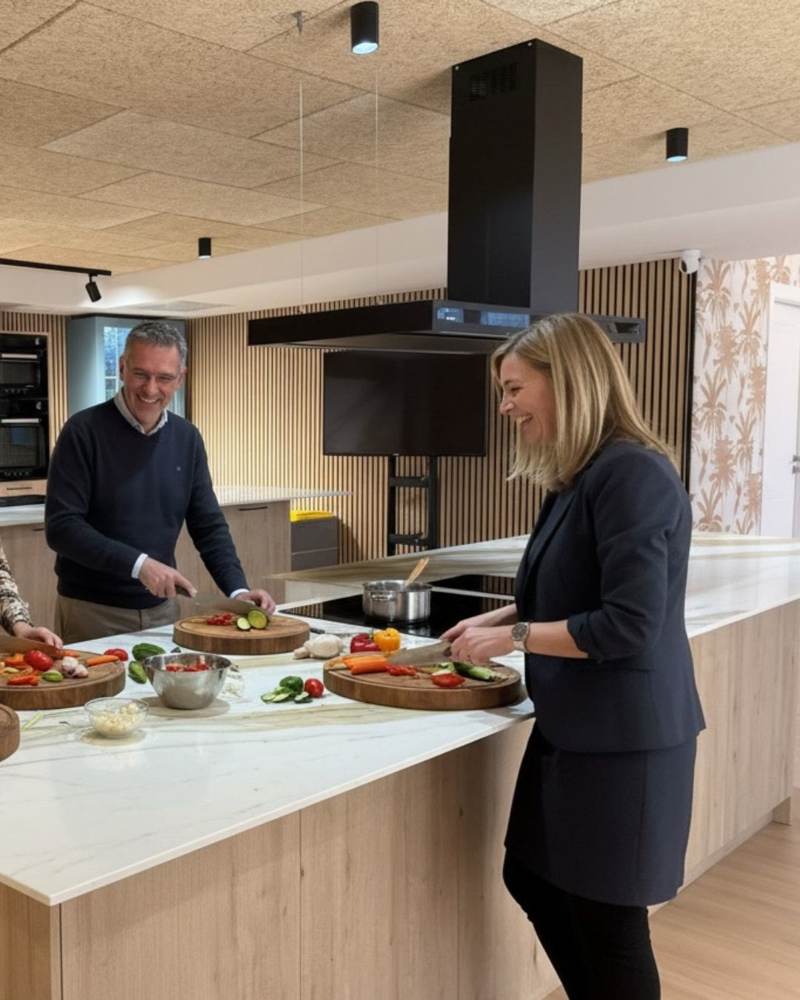 Dos personas cocinando en la isla de la cocina SMEG